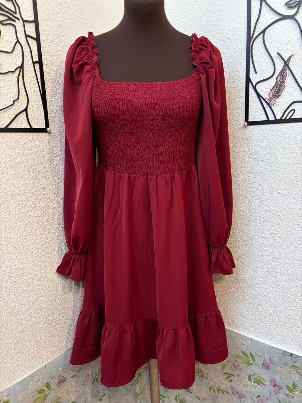 Lyaner deep red burgundy smocked long sleeve dress. Size M.